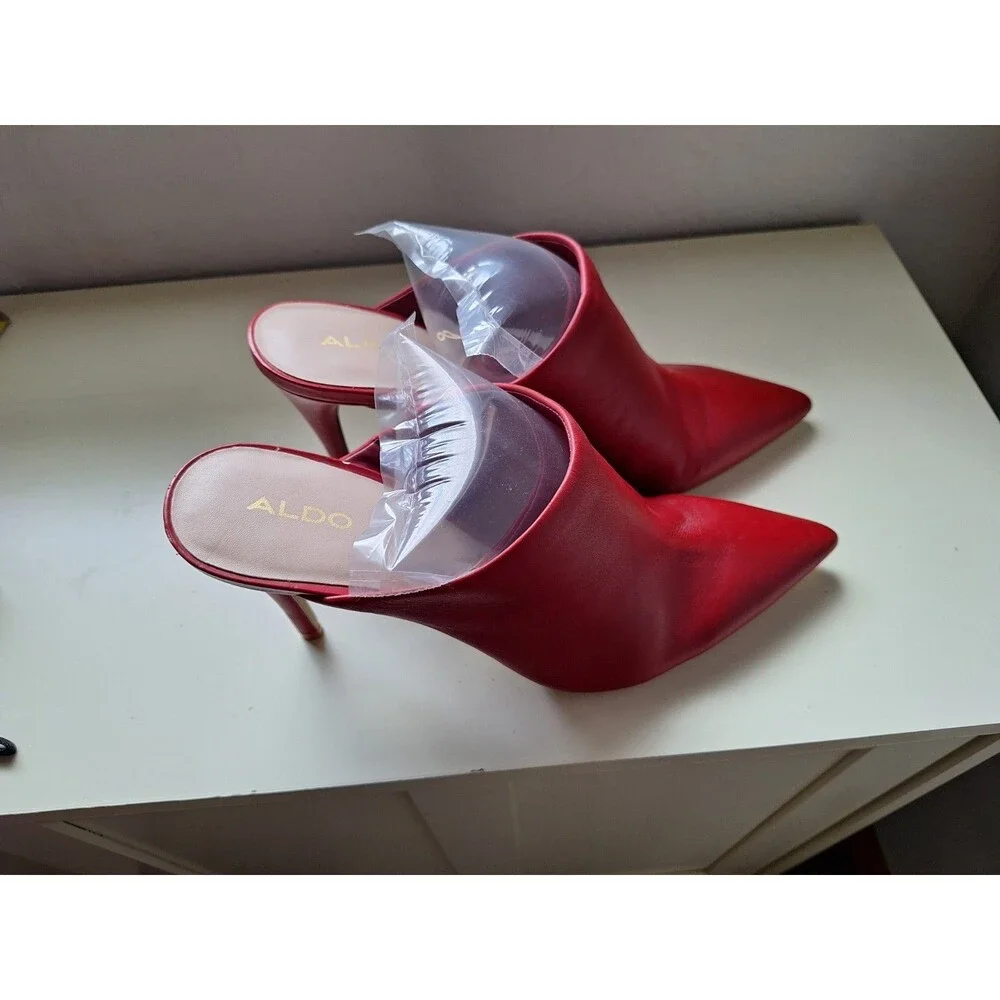 ALDO Red Leather Pointed Toe Mule Pumps Slip On Stiletto Heels US 10